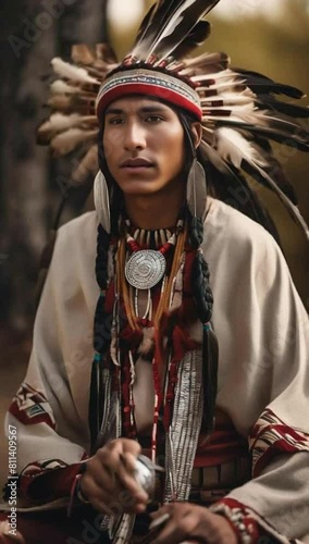 A young Native American man in traditional attire outdoors award winn photo