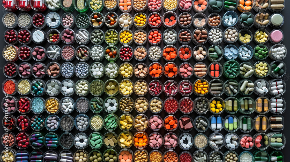Top-down view Array of medicines arranged on a black backdrop,