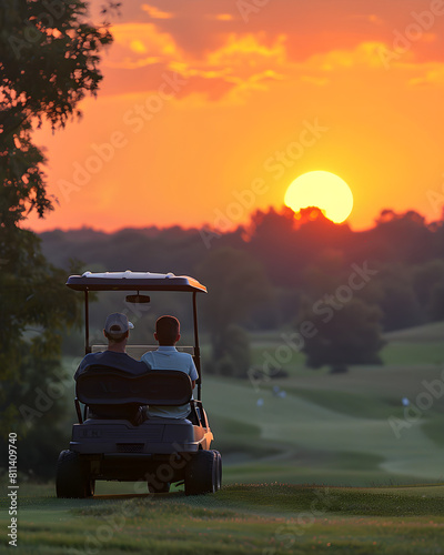Father and son enjoying a ride on a golf cart at sunset on Father's Day