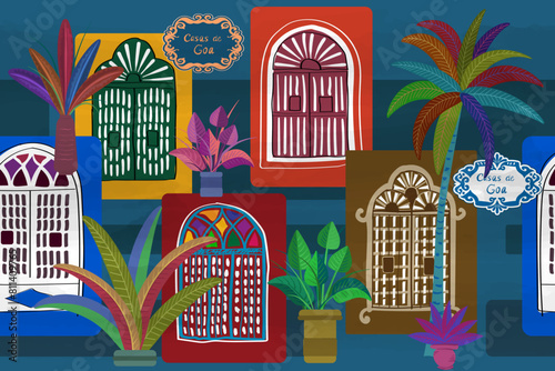 Goan windows are made from oyster shells in a Portuguese colonial style. Seamless colorful pattern with name plate with decor elements in traditional Goan colors. photo