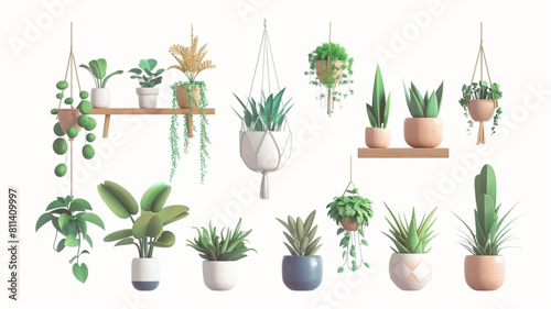 Indoor plants with decorative greenhouse elements. Green plants standing in pots on shelves  hanging in planter  macrame at cozy interior isolated on white background 3D
