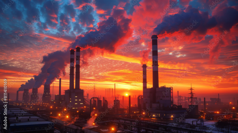 Dramatic industrial landscape with smokestacks emitting pollution against a sunset sky.