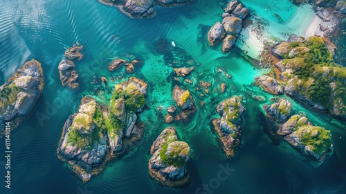 A breathtaking aerial view of a cluster of small islands surrounded by crystal clear water in the center of a serene lake  showcasing the beauty of natural landscape and marine biology AIG50
