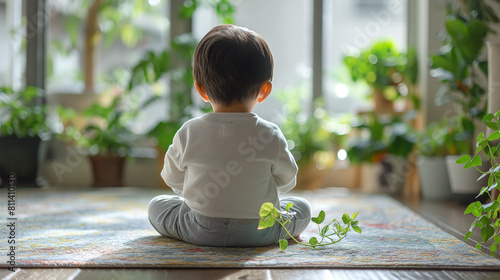 A baby is sitting on the floor in front of a window with plants