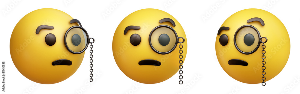 Face with monocle three-dimensional emoji. Inspecting emoticon isolated on transparent background. 3D rendering Face with monocle three-dimensional emoji. Inspecting emoticon isolated on transparent background. 3D rendering
