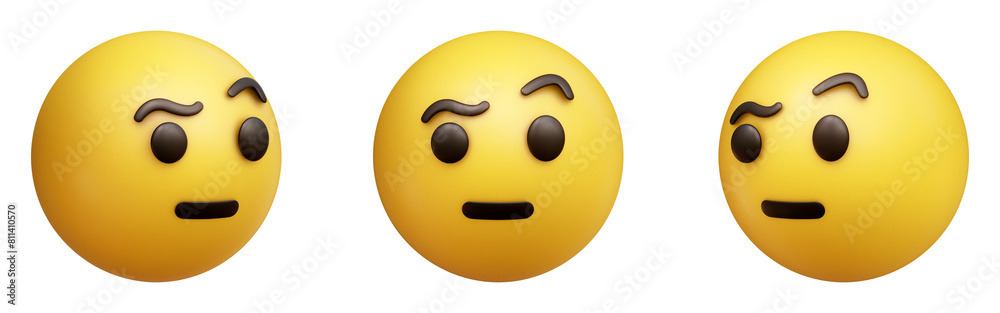Face with raised eyebrow three-dimensional emoji. Skeptical emoticon isolated on transparent background. 3D rendering Face with raised eyebrow three-dimensional emoji. Skeptical emoticon isolated on transparent background. 3D rendering