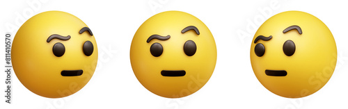 Face with raised eyebrow three-dimensional emoji. Skeptical emoticon isolated on transparent background. 3D rendering photo