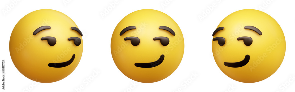 Smirking face three-dimensional emoji. Smug or flirtatious emoticon isolated on transparent background. 3D rendering Smirking face three-dimensional emoji. Smug or flirtatious emoticon isolated on transparent background. 3D rendering