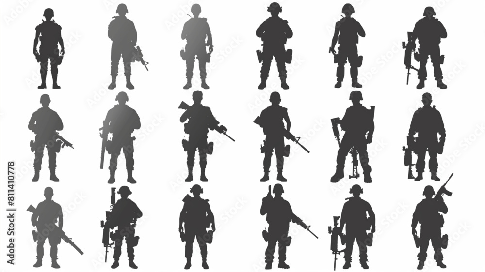 military set, weapons silhouette on white background vector 3D avatars set vector icon, white background, black colour icon