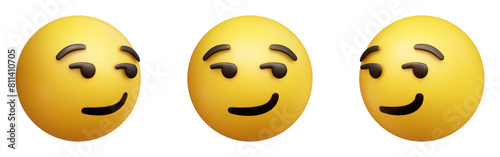 Smirking face three-dimensional emoji. Smug or flirtatious emoticon isolated on transparent background. 3D rendering photo