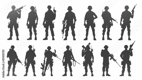 military set  weapons silhouette on white background vector 3D avatars set vector icon  white background  black colour icon