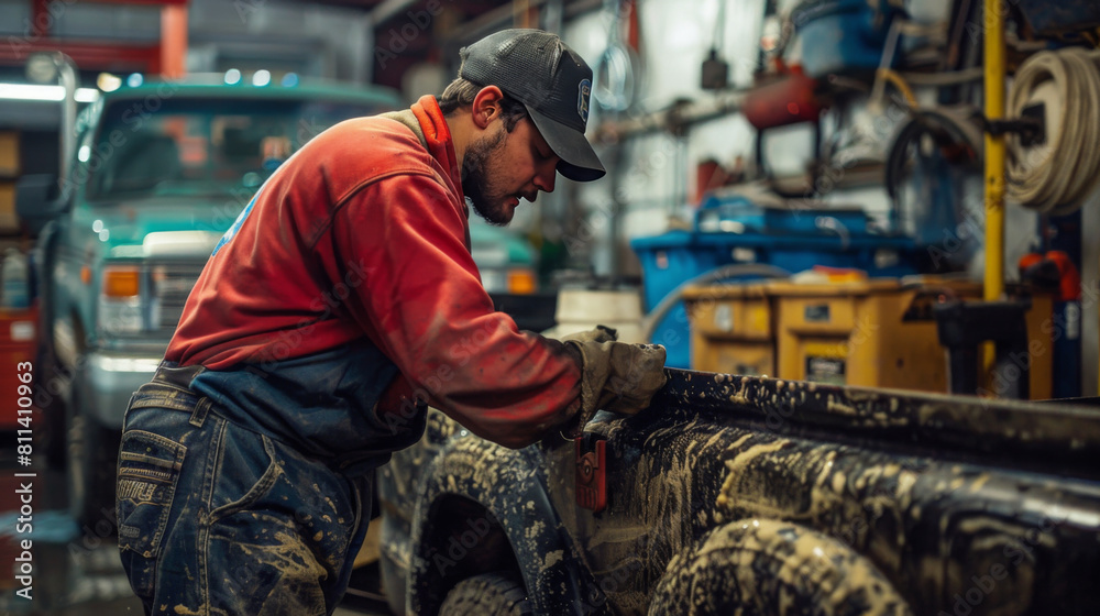 A mechanic in overalls and a cap diligently repairing a heavily mud-covered truck in a workshop. A mechanic in overalls and a cap diligently repairing a heavily mud-covered truck in a workshop.