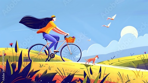 Happy Woman Riding Bike in Nature
