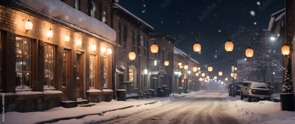 Snowy night scene on a decorated street