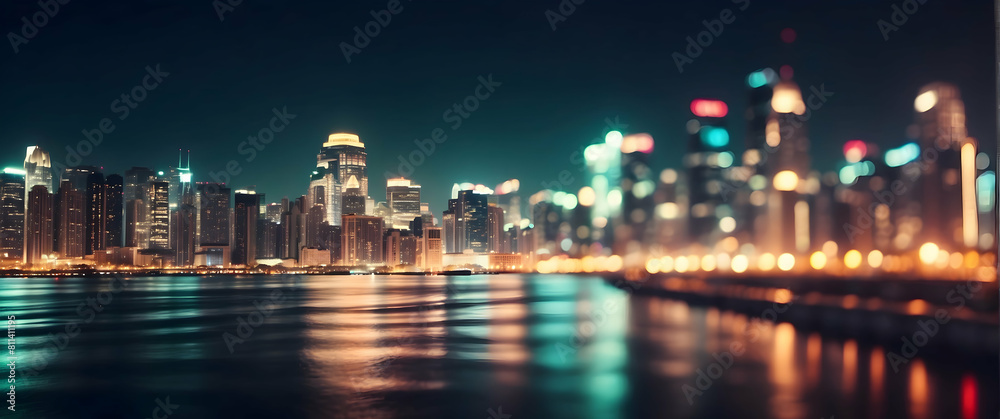 City skyline reflected on water at night