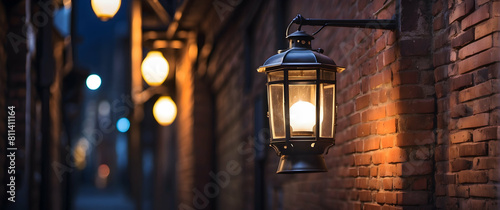 Lantern glowing warmly on a brick wall photo