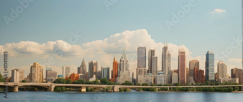 Panoramic view of a city skyline over a river © JohnTheArtist