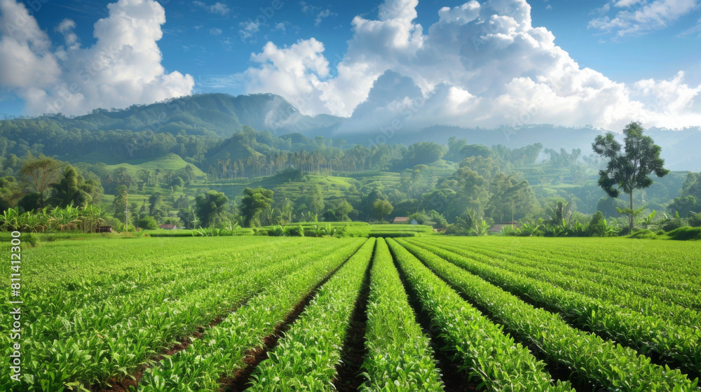 Expansive green tea fields stretching under a cloudy sky with mountainous background, embodying serene agriculture.