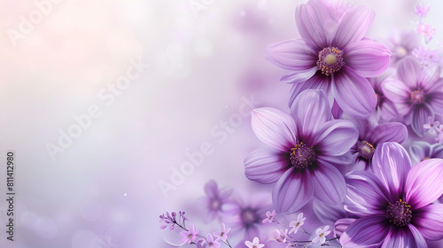 Abstract floral backdrop of purple flowers over pastel colors with soft style for spring or summer time. Banner background with copy space.