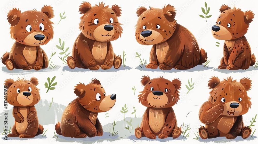Fototapeta premium 8 cute cartoon bears with different poses.