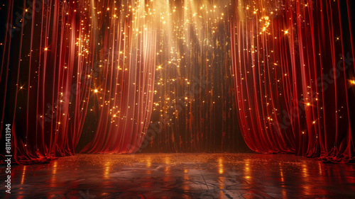 stage with red curtains, golden sparkling lights enhance the elegant performance unfolding.
