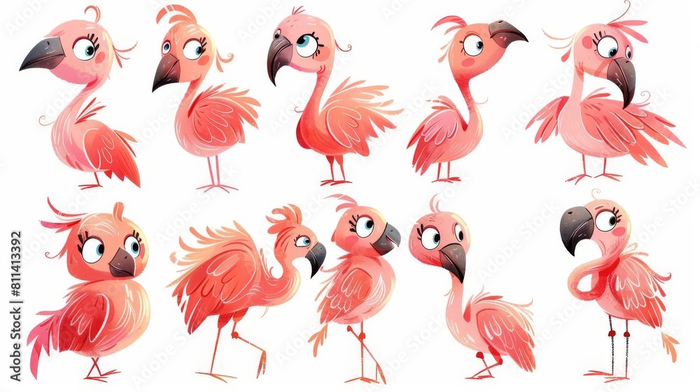 Obraz premium A flock of lovely pink flamingos in various poses. They are cartoon-like and have different facial expressions.