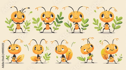 A cute cartoon ant carrying a green leaf. The ant is smiling and looks happy. It is a illustration.