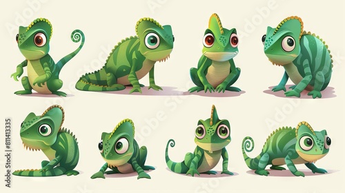 A cute cartoon chameleon is looking at you with its big, round eyes. It has a long, green tail and a light green belly. It is sitting on a white background.