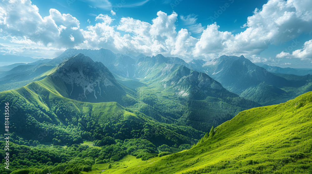 Naklejka premium Panoramic view of lush green mountains with jagged peaks under a clear blue sky with fluffy clouds.