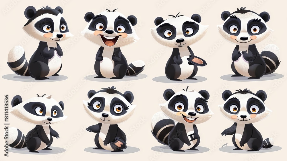 A group of cute cartoon skunks in various poses. They are black and white with big eyes and fluffy tails. A group of cute cartoon skunks in various poses. They are black and white with big eyes and fluffy tails.