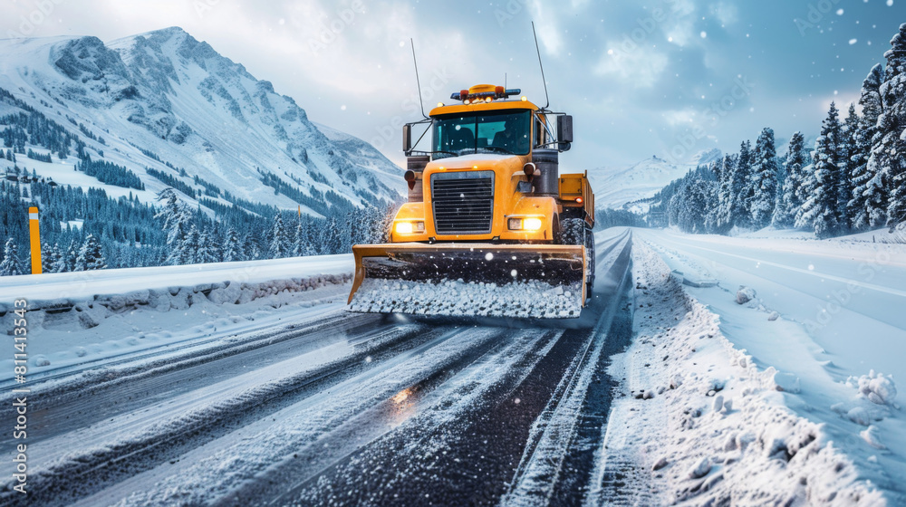 A bright yellow snow plow truck clears a snow-covered mountain road amidst a heavy snowfall and alpine scenery.
