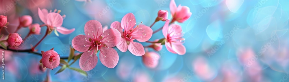 The pink flowers are captured in a close-up shot against a backdrop of vibrant blue The pink flowers are captured in a close-up shot against a backdrop of vibrant blue