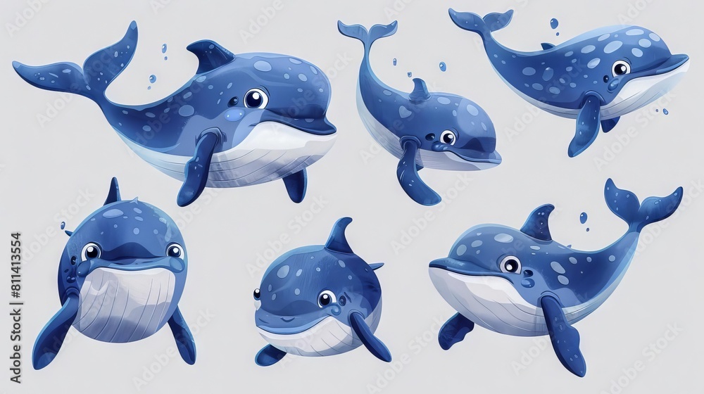Fototapeta premium A group of dolphins are having fun in the ocean. They are blue and white, and look like they are smiling.