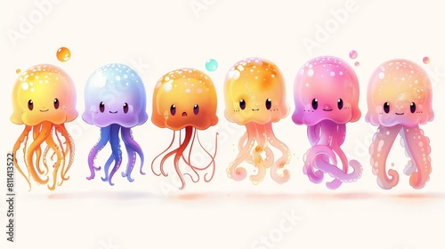 A group of cute cartoon jellyfish of different colors.