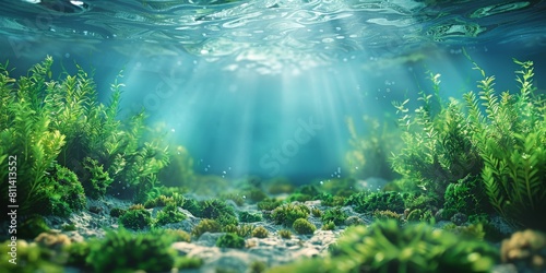 Tranquil underwater view of lush green freshwater plants in a river  illuminated by natural sunlight from above.