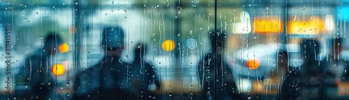 The view of office workers through a window blurred by rain appears abstract and indistinct