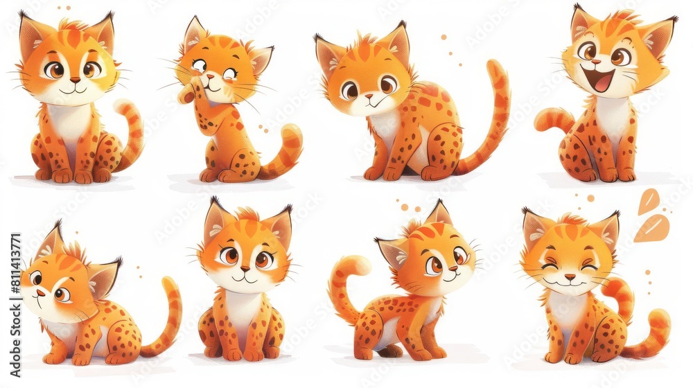 Obraz premium Cute cartoon lynx. Collection of different poses. illustration.