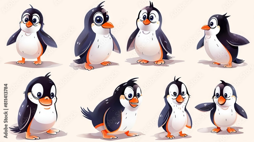 Obraz premium Cute cartoon penguins. illustration set.