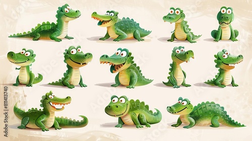 Cute cartoon crocodiles. Funny green alligator. Crocodile with different emotions.