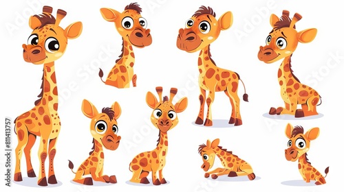 Cute cartoon giraffes in different poses. Vector illustration.