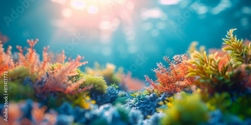 Vibrant underwater landscape of a coral reef illuminated by sunlight  showcasing an array of colors and plant life.