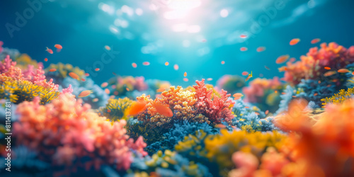 Stunning underwater scene of a vibrant coral reef with small fish swimming around under beams of sunlight. © Siwatcha Studio