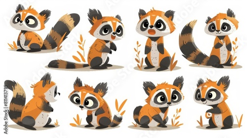 Cute cartoon raccoons in different poses. These adorable creatures are sure to make you smile. Perfect for use as illustrations  stickers  or in children s books.