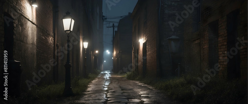 Atmospheric alleyway with vintage street lamps