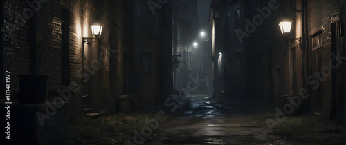 Foggy alleyway with vintage lamps