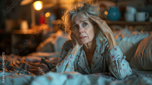 Insomnia is depicted with a woman sitting in bed, her hair disheveled, wearing pajamas, visibly fatigued, with tired eyes and wrinkles on her face