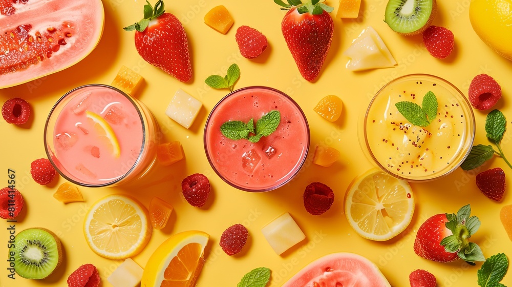 a table topped with glasses of fruit smoothies a table topped with glasses of fruit smoothies