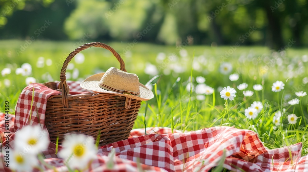 a picnic basket with a hat on it sitting in the grass with daisies in the background a picnic basket with a hat on it sitting in the grass with daisies in the background
