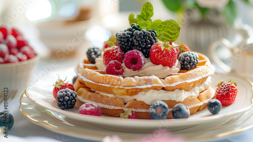 A delicious waffle adorned with fresh berries and whipped cream, elegantly served on a porcelain plate. The table setting radiates a bright and sunny ambiance, perfect for brunch