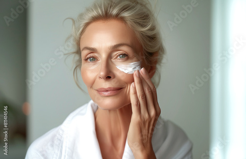 Portrait of a woman about 50 years old putting cream on her face, skincare photo
